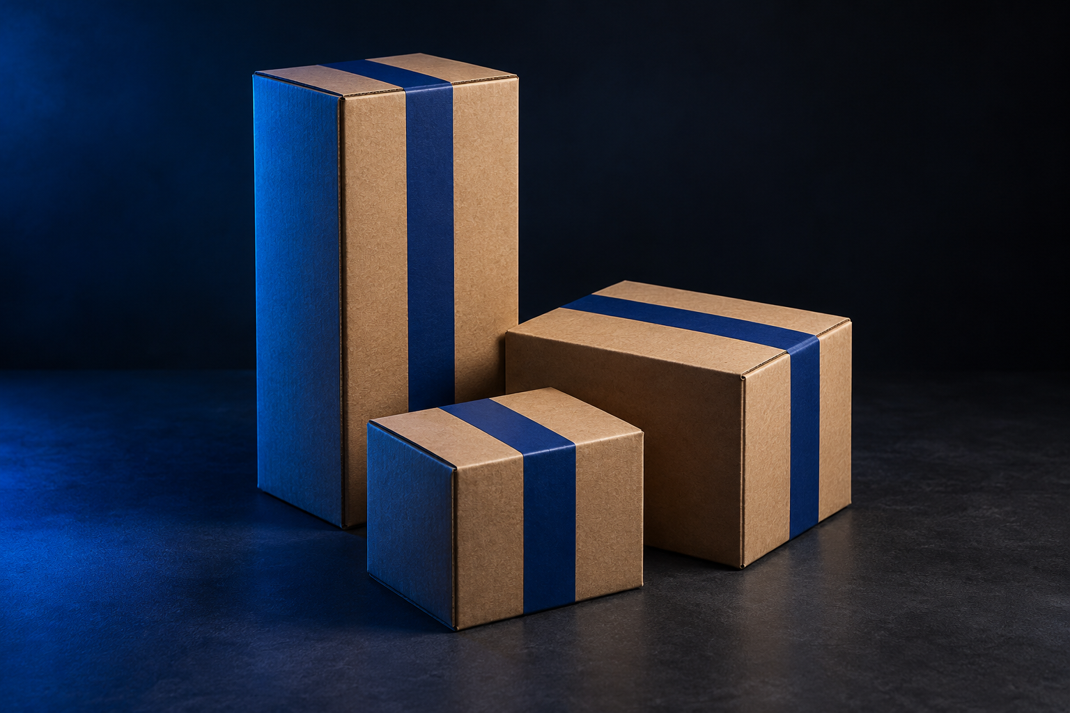 Unbranded shipping cartons with blue tape in a studio still life